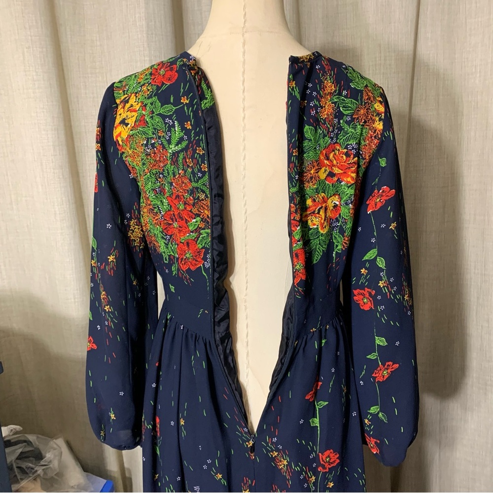 Vintage 70s Floral Maxi Dress Blue Colorful Sz 8 Sheer Long Sleeve Elegant Gown - Picture 9 of 16